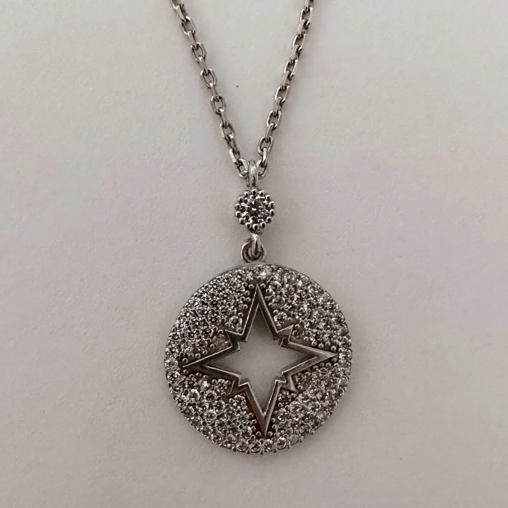 925 Silver necklace compass star clear cubic zirconia cz stones